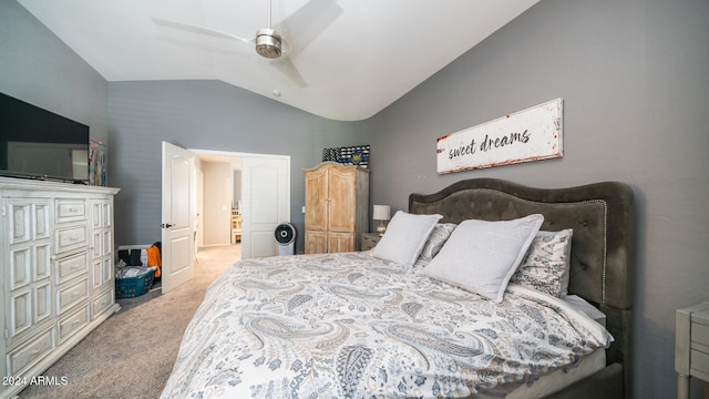 carpeted bedroom featuring ceiling fan and lofted ceiling