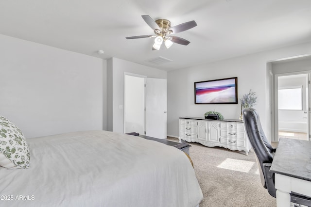 bedroom featuring carpet, visible vents, and a ceiling fan