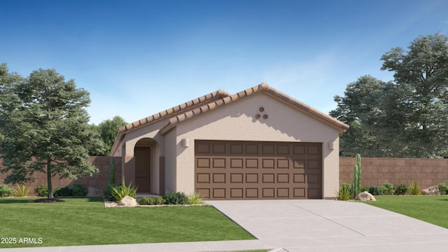 mediterranean / spanish home featuring concrete driveway, a front lawn, fence, and stucco siding