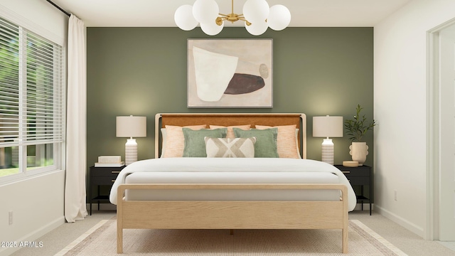 bedroom with baseboards, light colored carpet, and a notable chandelier