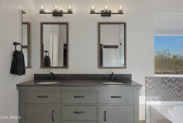 bathroom with vanity and a washtub