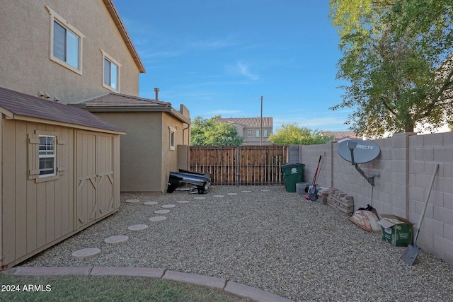 view of yard featuring a storage unit