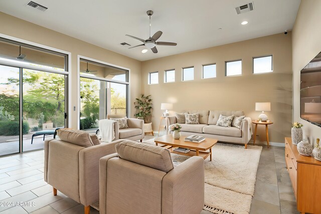 living room featuring ceiling fan