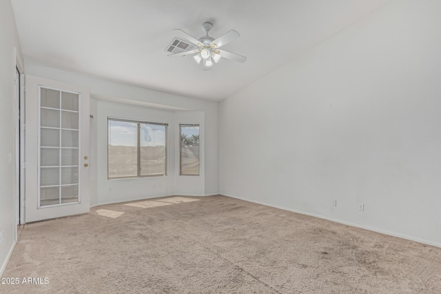 408 N Falcon Ct, Gilbert, AZ 85234 - carpeted empty room featuring baseboards, ceiling fan, lofted ceiling, and visible vents