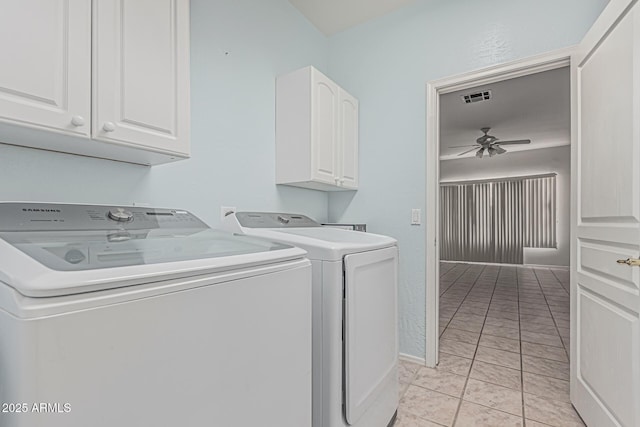 408 N Falcon Ct, Gilbert, AZ 85234 - clothes washing area with visible vents, a ceiling fan, cabinet space, and washing machine and dryer