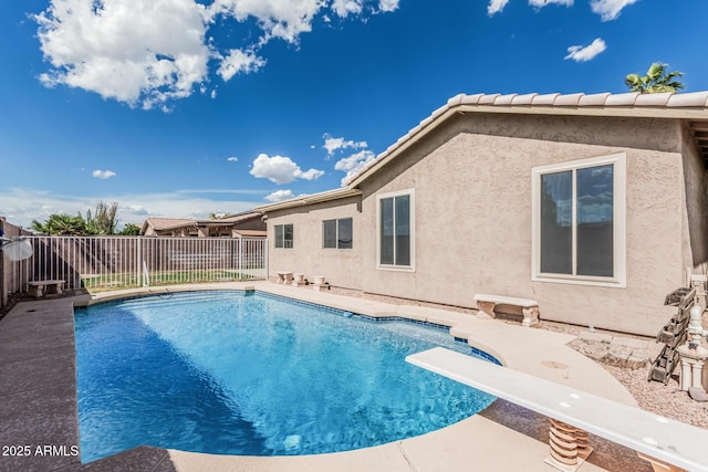 408 N Falcon Ct, Gilbert, AZ 85234 - view of swimming pool with a fenced in pool, a fenced backyard, and a diving board