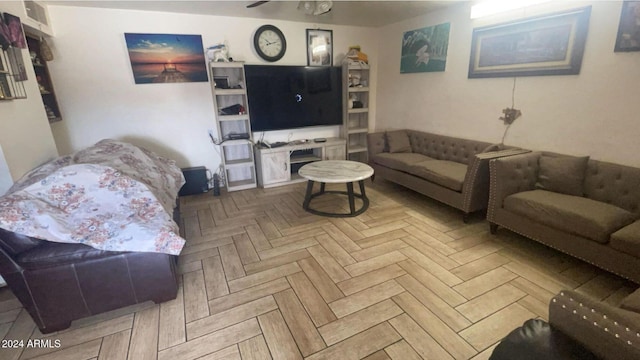 living room with parquet flooring