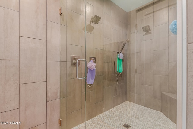 bathroom featuring a shower with shower door