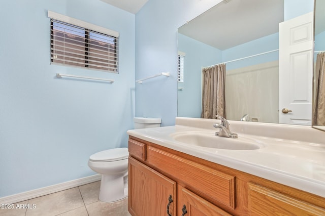 bathroom featuring walk in shower, vanity, toilet, and tile patterned flooring