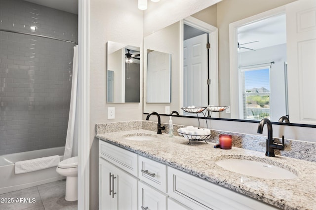 31320 N 54th Pl, Cave Creek, AZ 85331 - bathroom with ceiling fan, toilet, tile patterned flooring, double vanity, and shower / bath combination with curtain