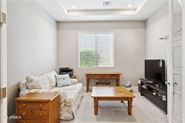 31320 N 54th Pl, Cave Creek, AZ 85331 - living room featuring light carpet, a tray ceiling, baseboards, and recessed lighting
