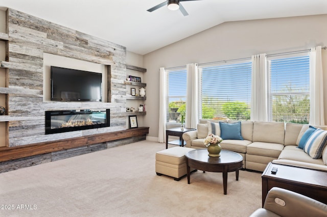 31320 N 54th Pl, Cave Creek, AZ 85331 - living room with ceiling fan, carpet floors, vaulted ceiling, a fireplace, and baseboards