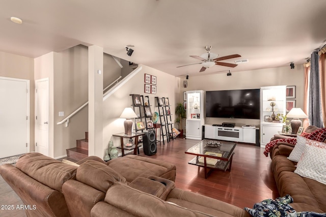 17153 W Gambit Trl, Surprise, AZ 85387 - living room with stairs, a ceiling fan, and wood finished floors