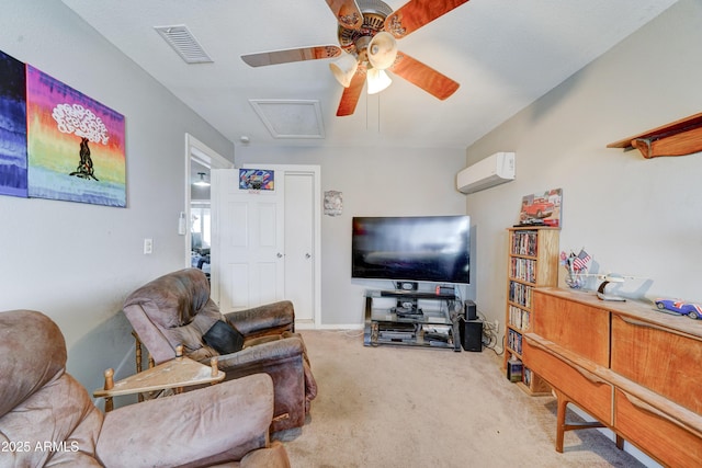 carpeted living area featuring visible vents, ceiling fan, a wall mounted air conditioner, and attic access