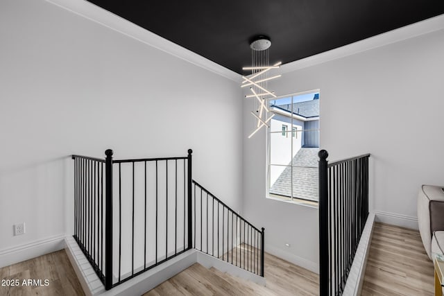 24905 S 206th Pl, Queen Creek, AZ 85142 - stairs with a chandelier, wood finished floors, baseboards, and ornamental molding