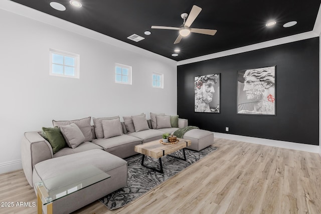 24905 S 206th Pl, Queen Creek, AZ 85142 - living room featuring wood finished floors, a ceiling fan, baseboards, recessed lighting, and crown molding