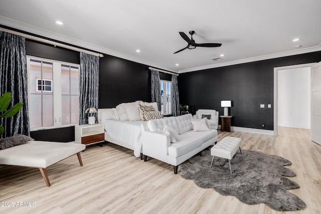 24905 S 206th Pl, Queen Creek, AZ 85142 - bedroom with ornamental molding, wood finished floors, recessed lighting, a ceiling fan, and baseboards