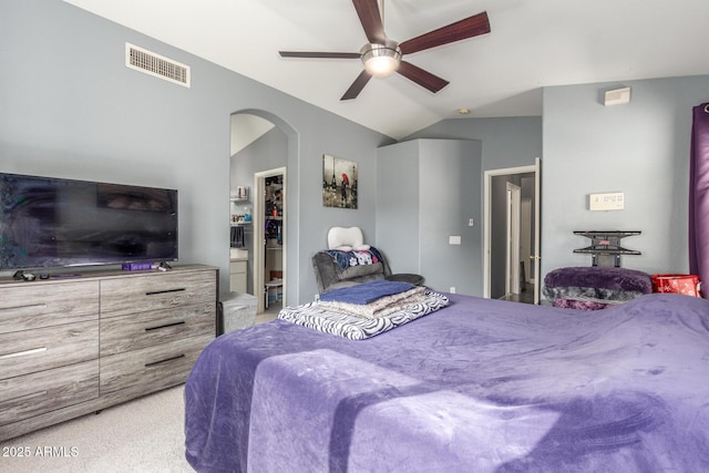 bedroom with vaulted ceiling and ceiling fan