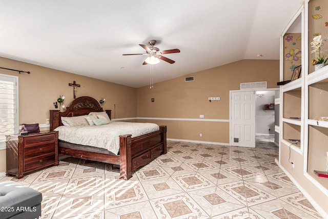 bedroom featuring lofted ceiling, visible vents, ceiling fan, and baseboards