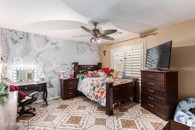 bedroom with visible vents, ceiling fan, baseboards, and light tile patterned floors