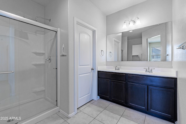 bathroom featuring an enclosed shower, vanity, and tile patterned flooring