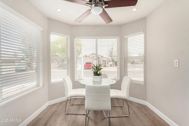 1653 E Gail Dr, Chandler, AZ 85225 - dining room with baseboards, ceiling fan, light wood-style floors, and recessed lighting