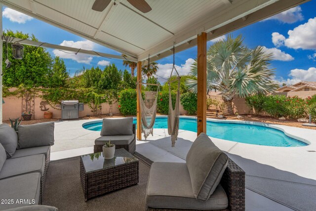 1653 E Gail Dr, Chandler, AZ 85225 - view of swimming pool featuring ceiling fan, a fenced backyard, a patio, and outdoor lounge area