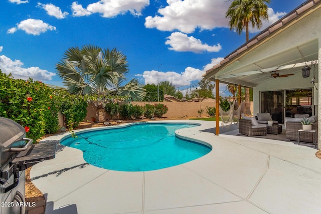 1653 E Gail Dr, Chandler, AZ 85225 - view of pool featuring an outdoor living space, a patio, a ceiling fan, a fenced backyard, and area for grilling