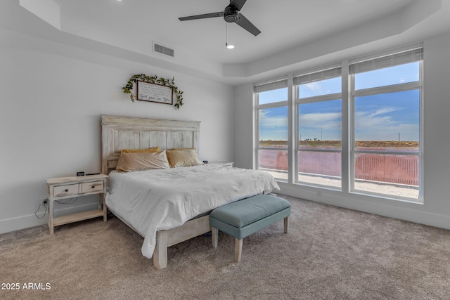 carpeted bedroom with a raised ceiling and ceiling fan