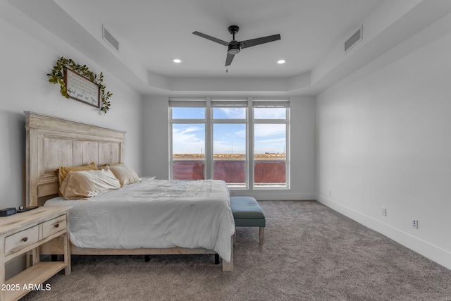 bedroom with ceiling fan and carpet flooring