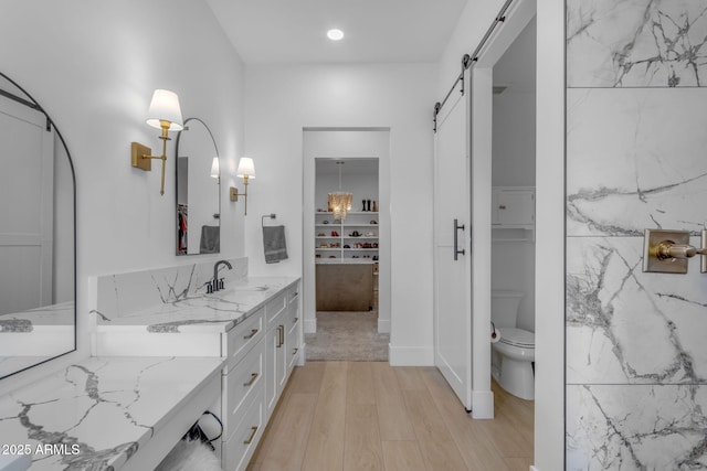 bathroom with vanity, hardwood / wood-style floors, and toilet