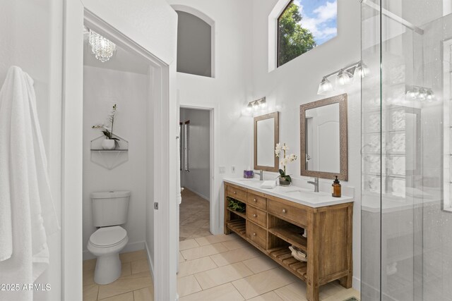 bathroom featuring a shower stall, tile patterned flooring, toilet, a sink, and double vanity