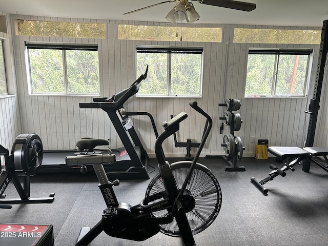 exercise area with ceiling fan