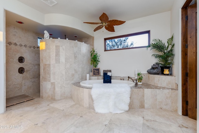 bathroom with plus walk in shower and ceiling fan