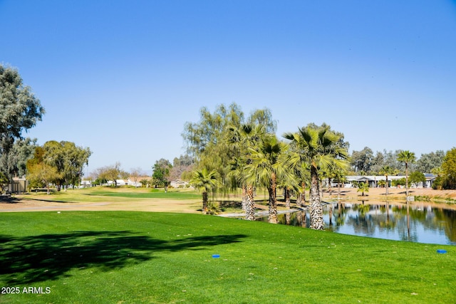 view of community with a water view and a lawn