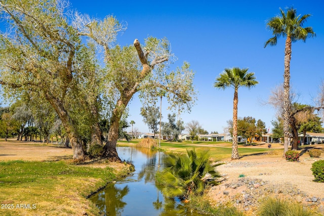 view of community featuring a lawn and a water view