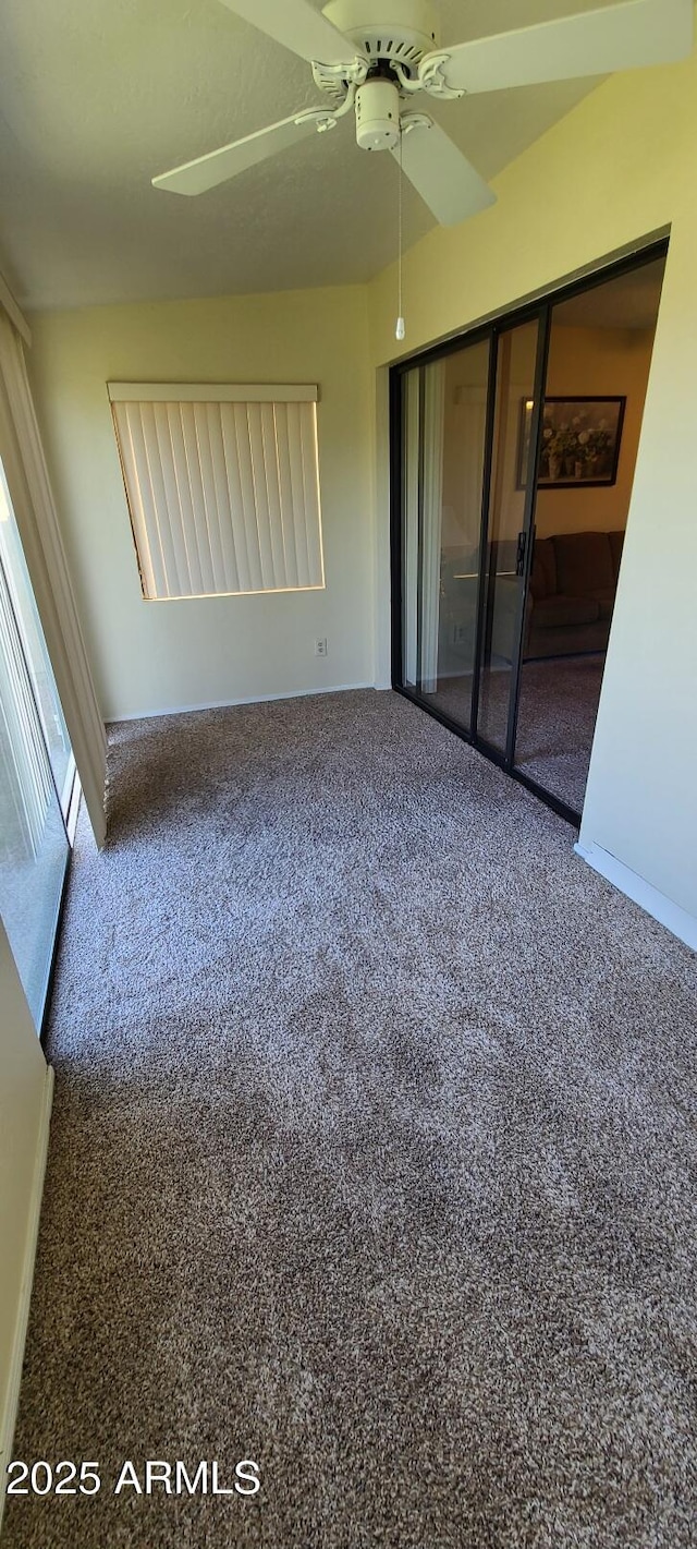unfurnished room with carpet flooring, baseboards, and a ceiling fan