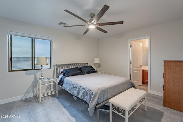 bedroom with ceiling fan and ensuite bathroom