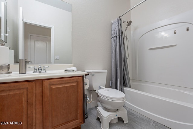 full bathroom featuring vanity, tile patterned flooring, shower / bath combination with curtain, and toilet