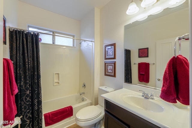 full bathroom with vanity, toilet, and shower / bath combination with curtain