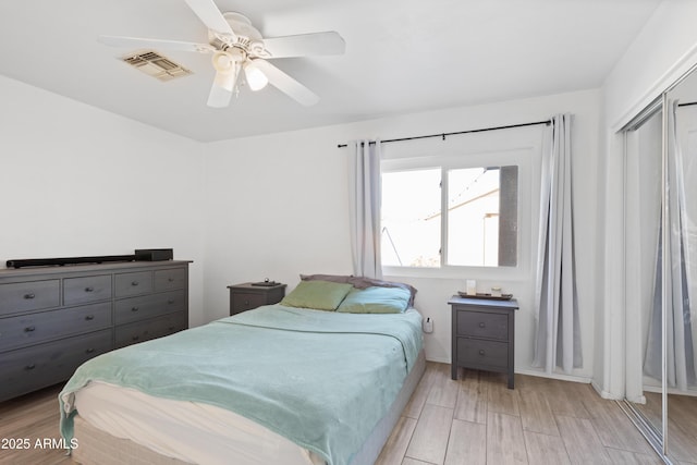 bedroom featuring light wood-type flooring, a closet, and ceiling fan