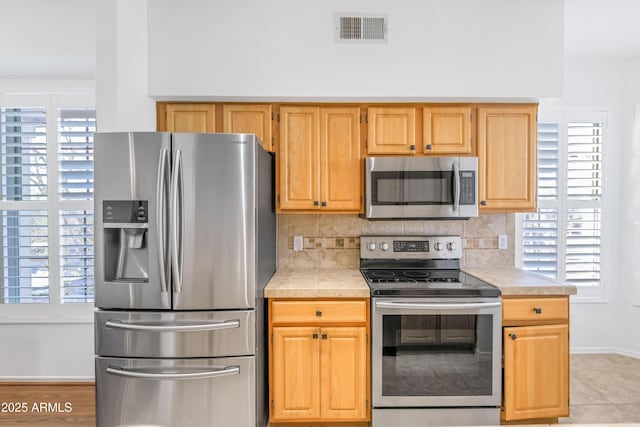 kitchen with backsplash, a wealth of natural light, and stainless steel appliances