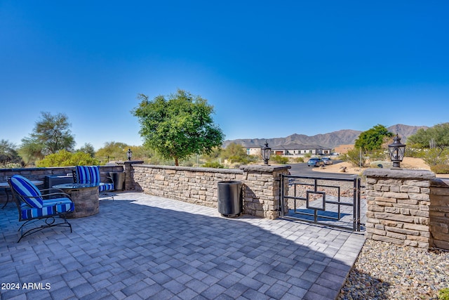 view of patio with a mountain view