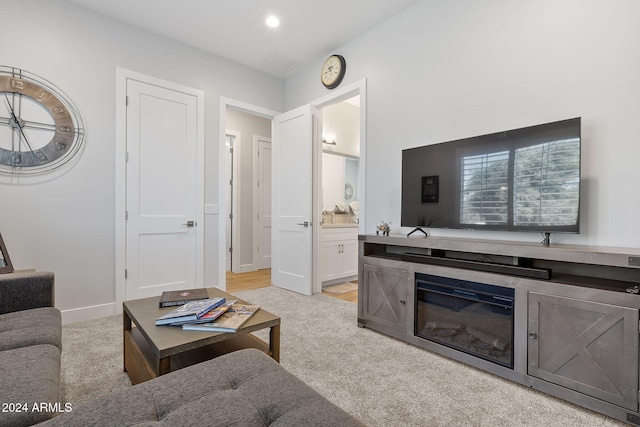 living room with light carpet