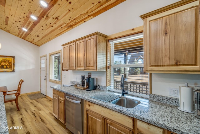 kitchen featuring vaulted ceiling, sink, stainless steel dishwasher, wood ceiling, and light stone countertops