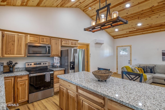 kitchen with wood ceiling, decorative light fixtures, light hardwood / wood-style flooring, stainless steel appliances, and light stone countertops