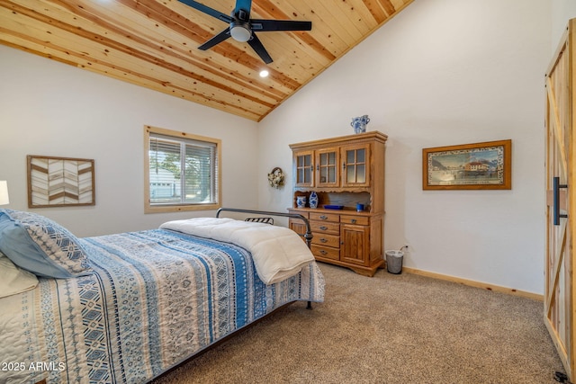 carpeted bedroom featuring ceiling fan, wooden ceiling, and high vaulted ceiling