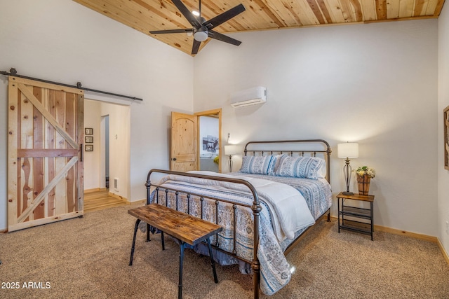 bedroom featuring high vaulted ceiling, carpet, a barn door, wooden ceiling, and an AC wall unit