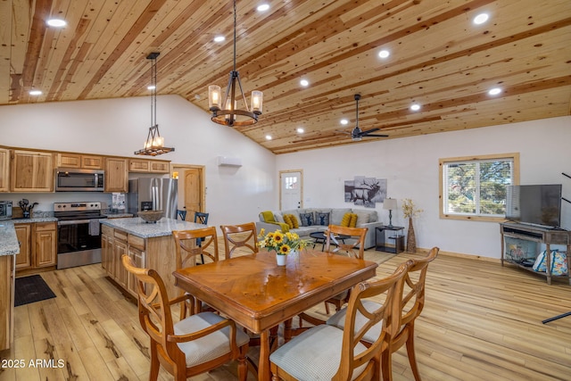 dining area featuring light wood-type flooring, ceiling fan, high vaulted ceiling, and wooden ceiling