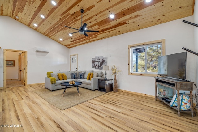 living room with high vaulted ceiling, wooden ceiling, light hardwood / wood-style floors, and ceiling fan